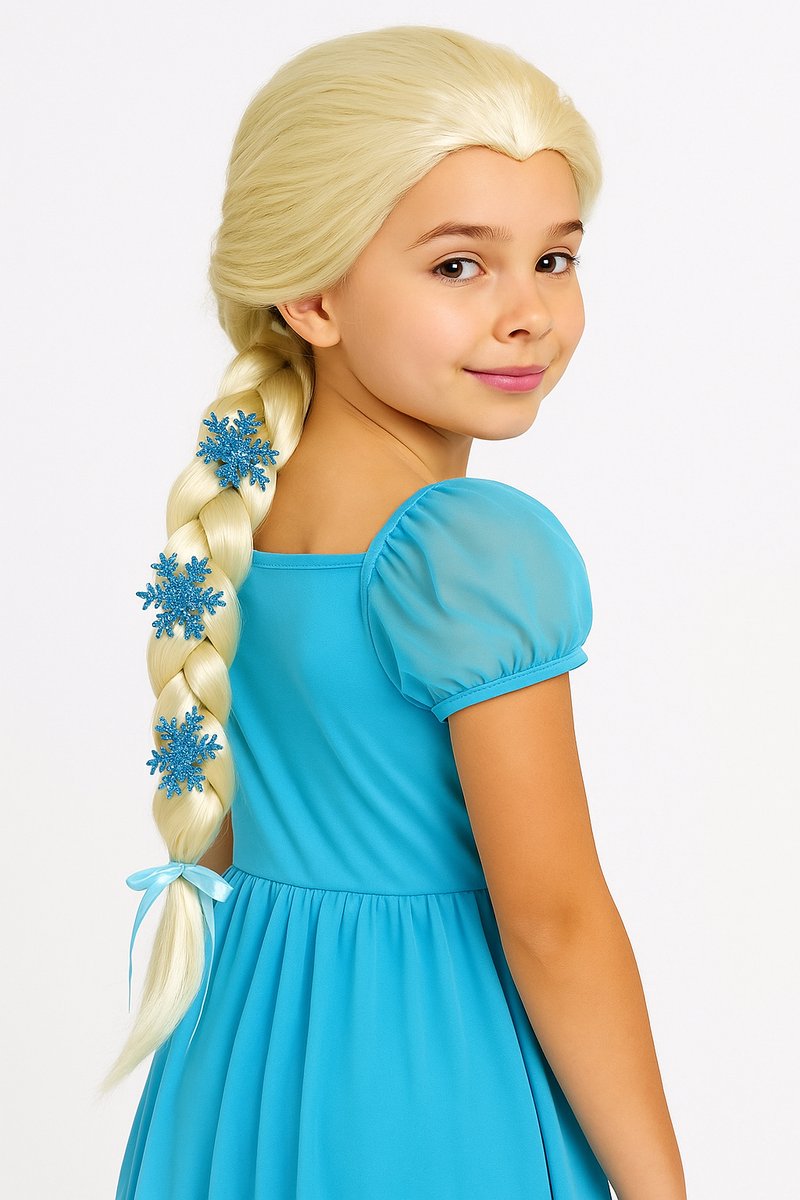 Joya Kids® Blauwe Ijsprinses Pruik Blond met Vlecht | Pruik Kinderen Lang Blond Haar met Vlecht | Meisjes verkleedpruik